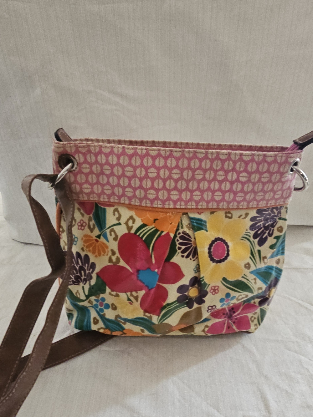 Floral Canvas Crossbody Bag with Pink Trim